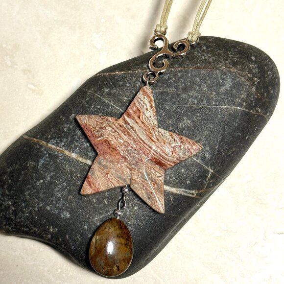 2/$20, Earthy Crazy Lace Agate Star Necklace, Genuine Gemstone Cord Necklace - Picture 9 of 14
